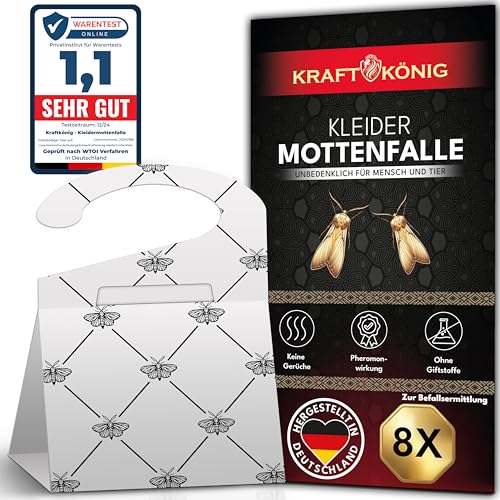 KRAFTKÖNIG Premium Kleidermottenfalle - 8X Mottenfalle Kleidermotten mit Langzeitwirkung - Auch für Kleiderstangen geeignet - geruchlose Kleidermotten Falle gegen Kleidermotten (Weißes Design)