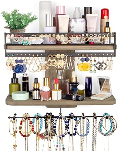 SOLIMINTR Jewelry Organizer Wall Mounted Skincare Product Organizer with Rod Rustic Wood Hanging Storage Shelves Rack Double-layer Holder Display for Necklaces Earrings Bracelet Ring Weathered Grey