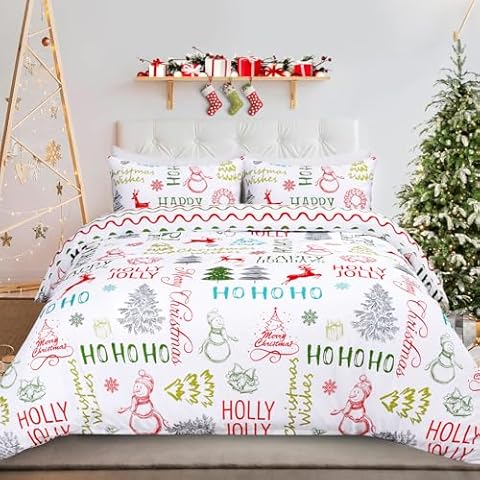 FRAMICS Christmas Duvet Cover Queen Size 3 Pieces Snowman Christmas Tree Queen Duvet Cover Set with 2 Pillow Shams Christmas Comforter Cover with Zipper Closure Queen Christmas Bedding Set,90" x 90" Cover