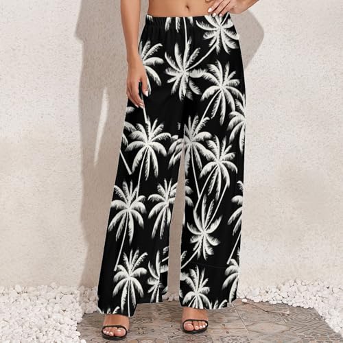 Womens Wide Leg Pants White Palm Trees Casual High Waist Long Palazzo Pants Lounge Beach Trousers2