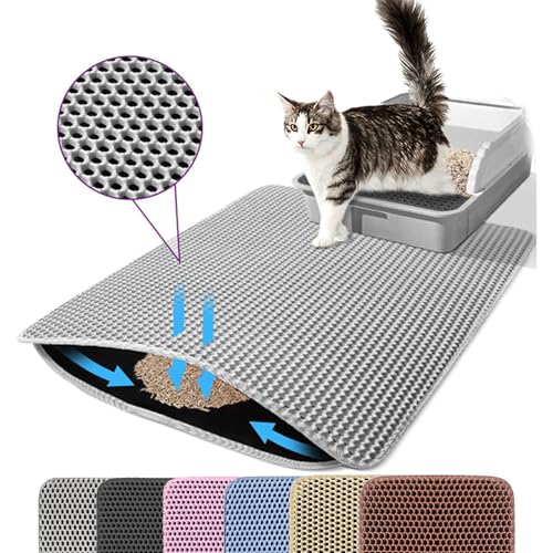 Petinstinct Extra Large Cat Litter Mat, 30x22 Inches Honeycomb Double Layer Cat Litter Trapping Mat, Non Slip Waterproof Urine Proof Large Kitty Litter Box Mat for Floor, Kitten Supplies, XL, Gray