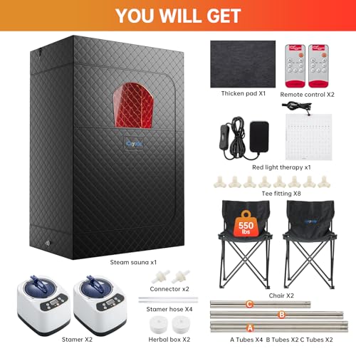 Infrared Sauna Box, Portable Sauna with 660nm Red Light Therapy & 850nm,5-Layer Waterproof, 3L 1300W Steamer,Folding Chair (2 Person Sauna Box) - Image 2