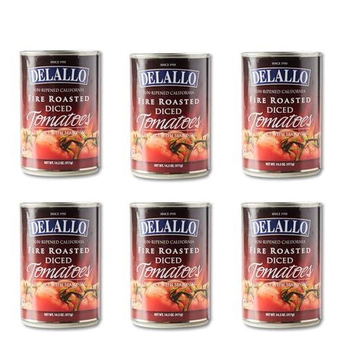 DeLallo Fire-Roasted Diced Tomatoes, Sweet Smoky Flavor, Packed in Light Juice, Chunky Texture, 14.5 oz Can, (6 Pack)