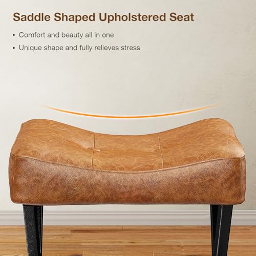 Image of Memobarco 18-Inch Leather Vanity Stool Chair, Vanity Bench with Metal X-Leg, Ottoman Accent Stool with Thick Padded Saddle Seat, Brown