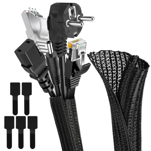 Adiwo 10ft, 1/2 inch Self-Reeling Braided Cable Sleeve, Cord Protector, Wire Loom Tubing with 5 Self-Adhesive Cable Ties