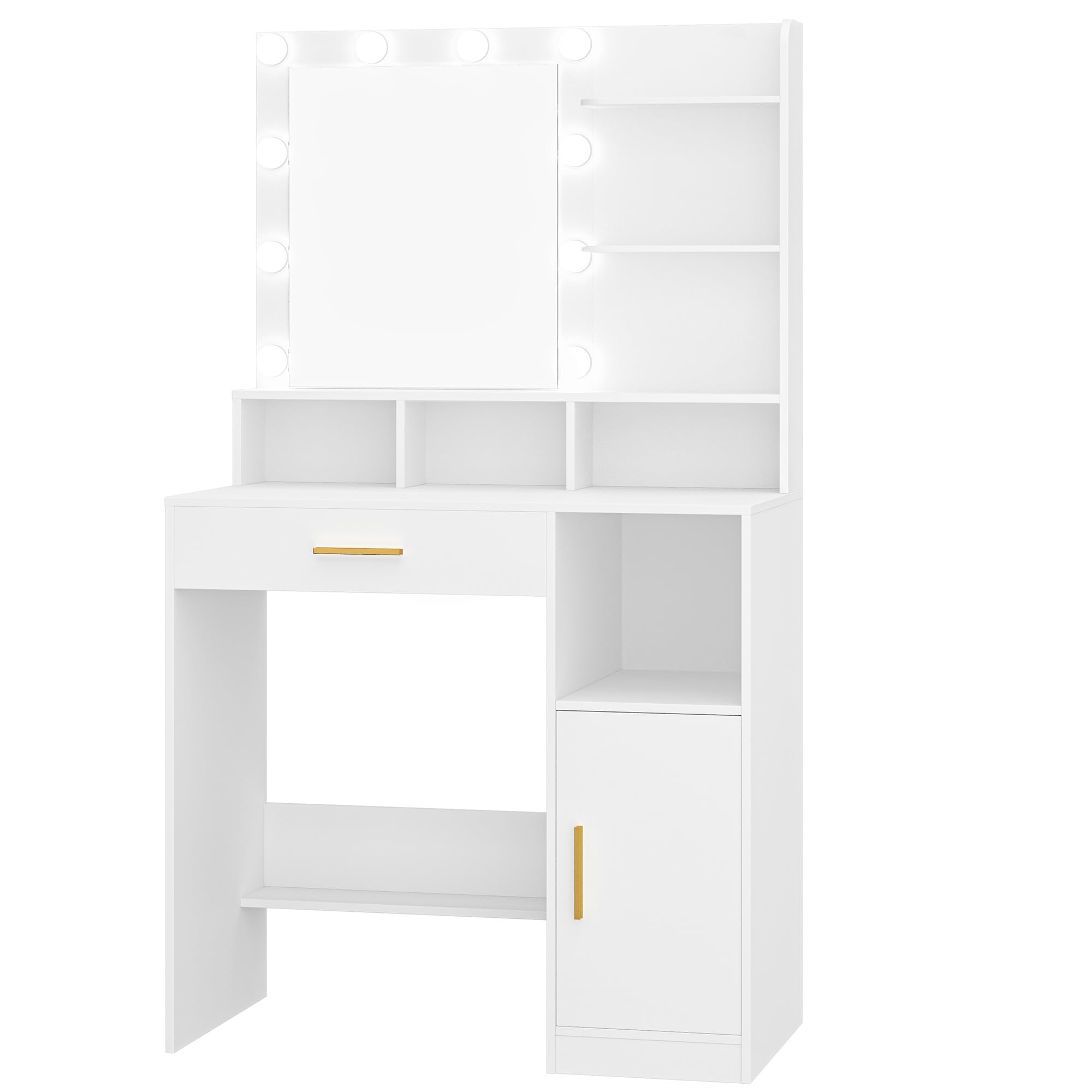 Hzuaneri Schminktisch mit Spiegel und LED-Licht, mit 3 Ablagen und 4 Offenen Fächern, Schminktisch mit Großen Schubladen und Schränken, 3 Fach Regulierbare Beleuchtung, Weiß VT08103X