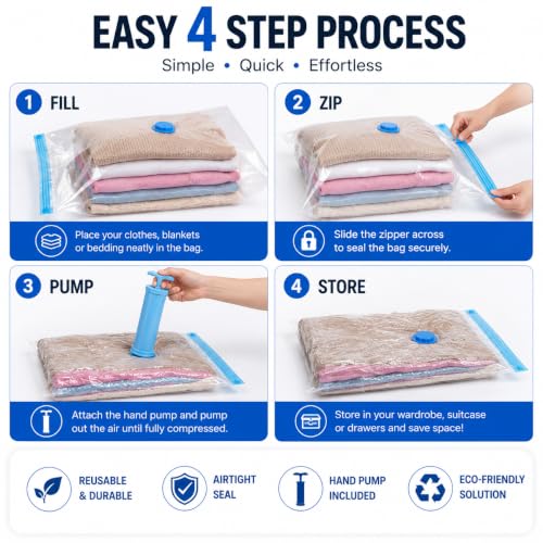 Image of Zollyss Vacuum Storage Bags for Clothes with Hand Pump | Reusable Space Saver Bags for Travel & Wardrobe Storage | Airtight Compression Bags for Blankets, Clothes & Bedding (Pack of 5)
