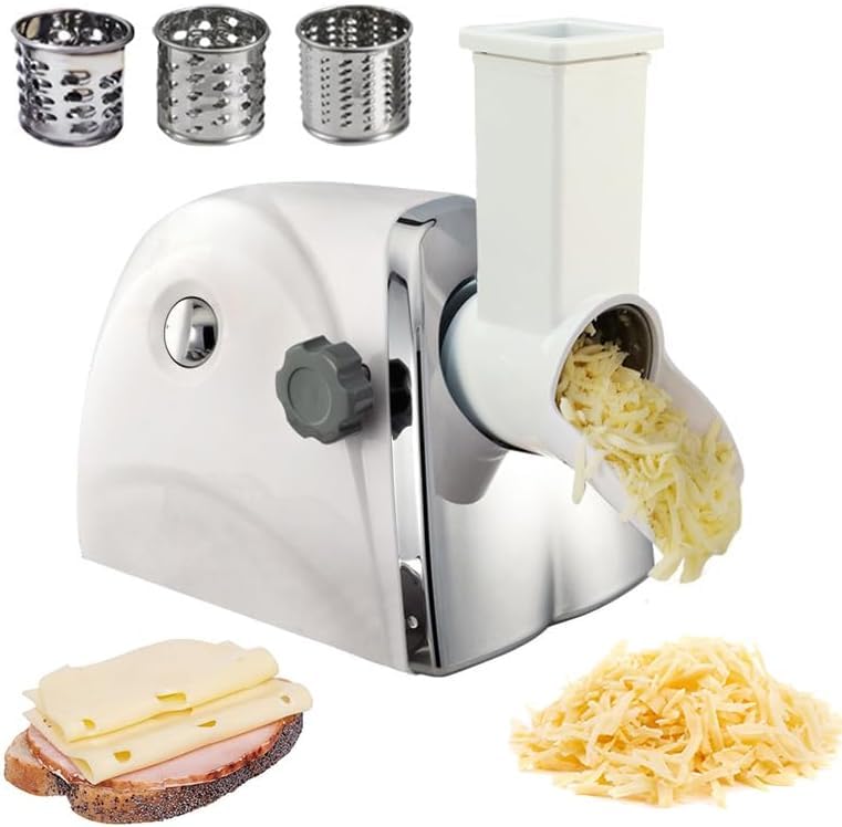 ASerZenith Rallador De Queso Eléctrico Comercial, Máquina Trituradora De Queso Rotativa Eléctrica, 300 W, con 3 Cuchillas De Acero Inoxidable, 60 Kg/H, Ideal para Rallar Patatas, Co