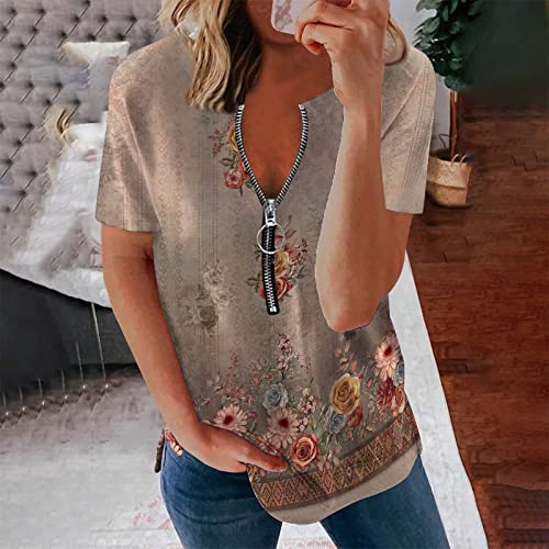 Workout Zippered Tops For Women Floral Print Women T Shirts Loose Fit Graphic Round Neck Short Sleeve Summer Tops For Women 2023 Casual Women's Tops, Tees & Blouses Relaxed Fit Khaki M Blouses #TOP1
