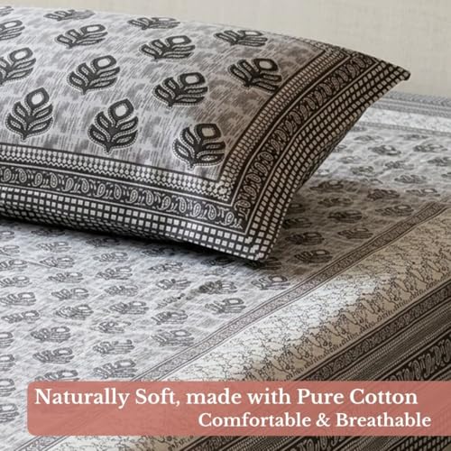 Image of Jaipur Weaves Jaipuri Double Bed Cotton Bedsheet Queen Size 90x85, 120 TC 100% Pure Cotton Bed Sheet with 2 Pillow Covers, Floral Traditional Print (Grey Buta, Double)