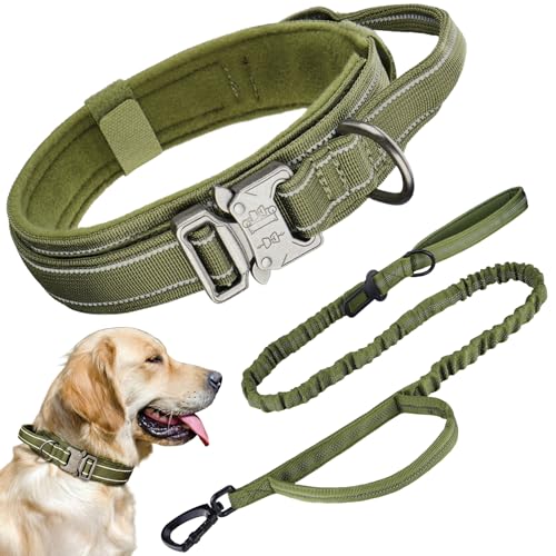 KCUCOP Heavy Duty Tactical Dog Collar and Leash Set, Military Training Nylon Reflective Collar with Handle Metal Buckle for Medium Large Dogs, Green, XL (1 Patch Included)