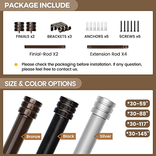 Usfook 1 Inch Curtain Rods 30 To 88(2.5-7.3Ft) Bronze Windows Curtains Rod, Splicing Drapery Rods With Cap Finial #TOP7
