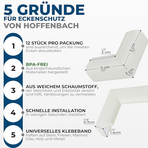 Hoffenbach 12x Eckenschutz Kantenschutz Baby – Selbstklebender Tischkantenschutz – Stoßschutz für Babys & Kinder – Weicher Schaumstoff Eckschutz für Tisch, Möbel & Ecken – Corner Protector – Weiß 3