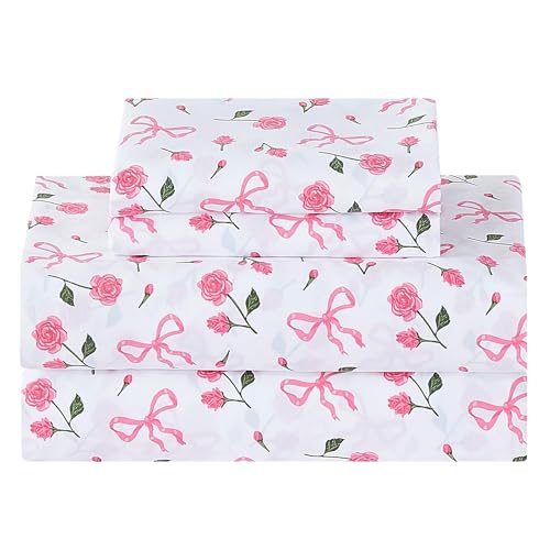 Image of Softan Pink Floral Queen Bed Sheets, Cozy Microfiber Flower Printed Sheets with 15 inch Deep Pocket Fitted Sheet & Non-Slip Straps, Patterned Pink Rose - Bow Sheets & Pillowcase Set