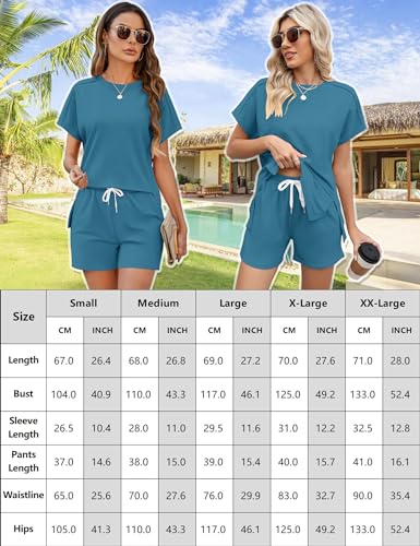 Image of LOMON Womens Fashion 2 Piece Outfits Sweatsuits 2026 Summer Short Sleeve Loungewear Tracksuit Round Neck Lounge Shorts Sets