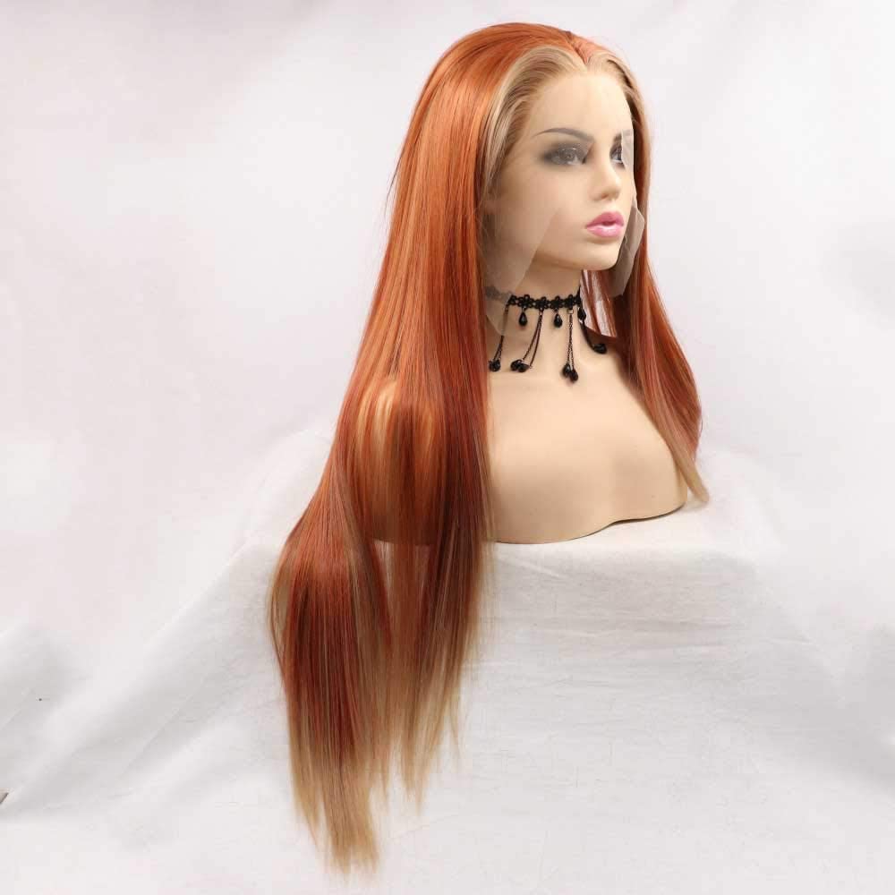 Highlight Copper Red Synthetic Lace Front Wigs withBrown Tips Long Soft Silky Straight Red Orange Lace Front Wig Hair (Copper BrownST)