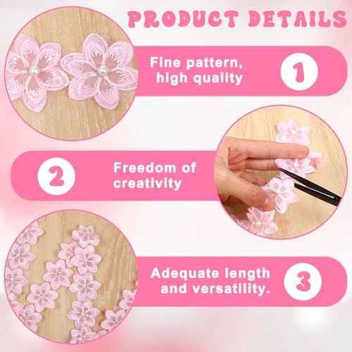 2 Yards 3D Flower Pink Lace Ribbon, Pink Flower Trim Polyester Floral Applique Embroidered Sewing Craft for Wedding Dress Embellishment DIY Dress Decor (Pink)