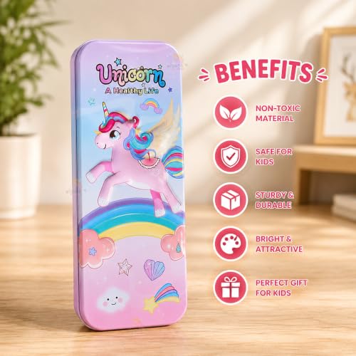 Image of WISHKEY Unicorn Pencil Box for Kids, Large Metal Pencil Case with Multiplication Table, Durable Tin Pencil Box for Girls, Cute Stationery Storage Box for School, Pen Pencil Organizer Purple