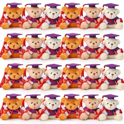 Zomiboo 24 Pcs Mini Graduation Bears Bulk 3.54 Inches Plush Bear for 2024 Graduation Stuffed Animals Tiny Bear Dolls for DIY Graduation Present Ceremony Party Decoration School Gifts(Purple Cap)