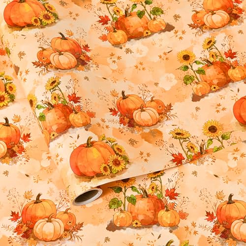 Titiweet Pumpkin & Sunflower Gift Wrap 17 x 16.4ft Autumn Floral Wrapping Paper for Thanksgiving Fall Decor