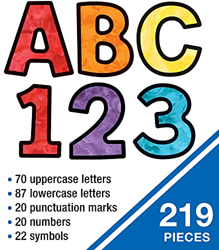Image of Carson Dellosa 219-Piece Watercolor Cutout Letters, 4 inch Colorful Upper and Lowercase Alphabet, Numbers, Punctuation, and Symbols for Bulletin Board, Posterboard, Party, and Classroom Decor