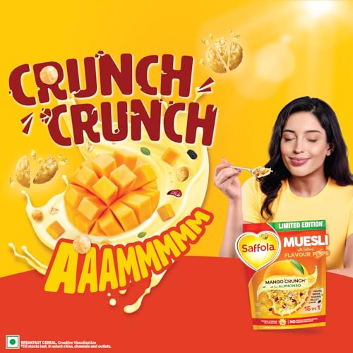 Image of Saffola Muesli Mango Crunch, with Real Alphonso Mango 400g | Limited Edition, with crunchy Flavour Pops | Breakfast Cereal (Pack of 3)