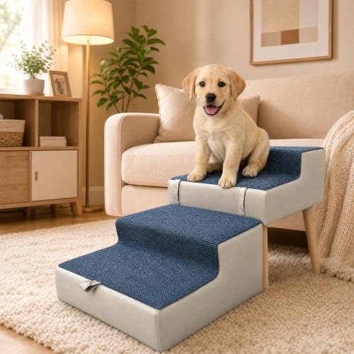 Image of 16 inch H Dog Stairs for Small Dogs, Foldable 2-in-1 Pet Steps & Ottoman, Non-Slip Dog Stairs for Couch, Wooden Pet Stairs Ramp for Puppy Senior Injured Dogs Grey