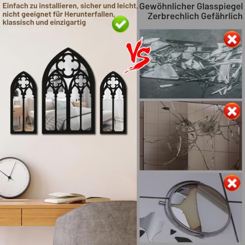 3 x gotische Spiegel, Wanddekoration, gewölbter Fenster-Wandspiegel, großer Gothic-Wandspiegel, schwarz, groß, Gothic-Spiegel, Wand für Wohnzimmer, Schlafzimmer, Badezimmer – Bild 5