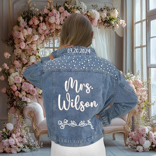 Custom Future Mrs Denim Jacket, Bride Jean Jacket With Pearls, Embroidered Denim Jackets For Bride with Rhinestone For Wedding, Wedding Gifts For Bridal4