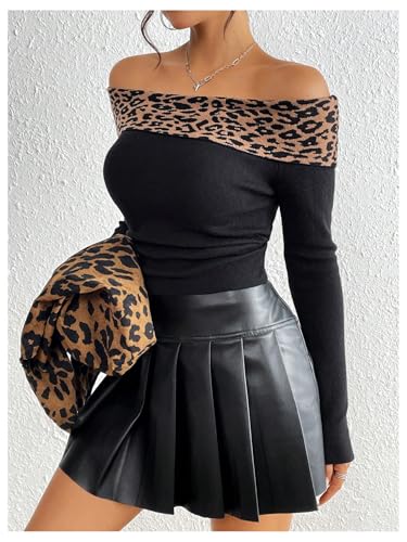 Image of MakeMeChic Women's Off The Shoulder Sweater Leopard Print Long Sleeve Knitted Cheetah Print Top Black X-Small