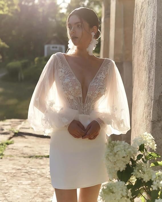 RYANTH Long Sleeves Mermaid Short Wedding Dresses with Applique V Neck Beach Bridal Gowns Satin Garden Reception Dress BW0183