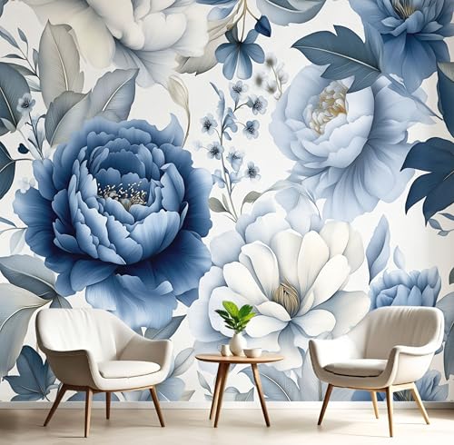 Papel Pintado 400x280cm Fotográfico Peonía Elegante Papel de Pared XXL Estilo Acuarela Póster Gigante de Mural Decoración De Pared para Sala Cuarto Oficina Salón, Índigo