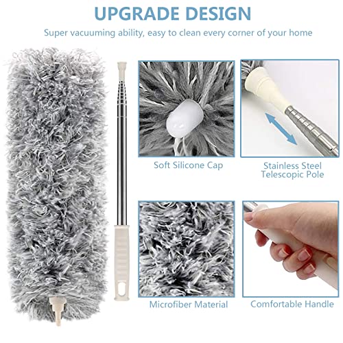 Image of Microfiber Duster with Extension Pole(Stainless Steel) 30 to 100'', with Bendable Head, Extendable Long Duster for Cleaning Ceiling Fan, High Ceiling, Keyboard, Furniture Cars Gray