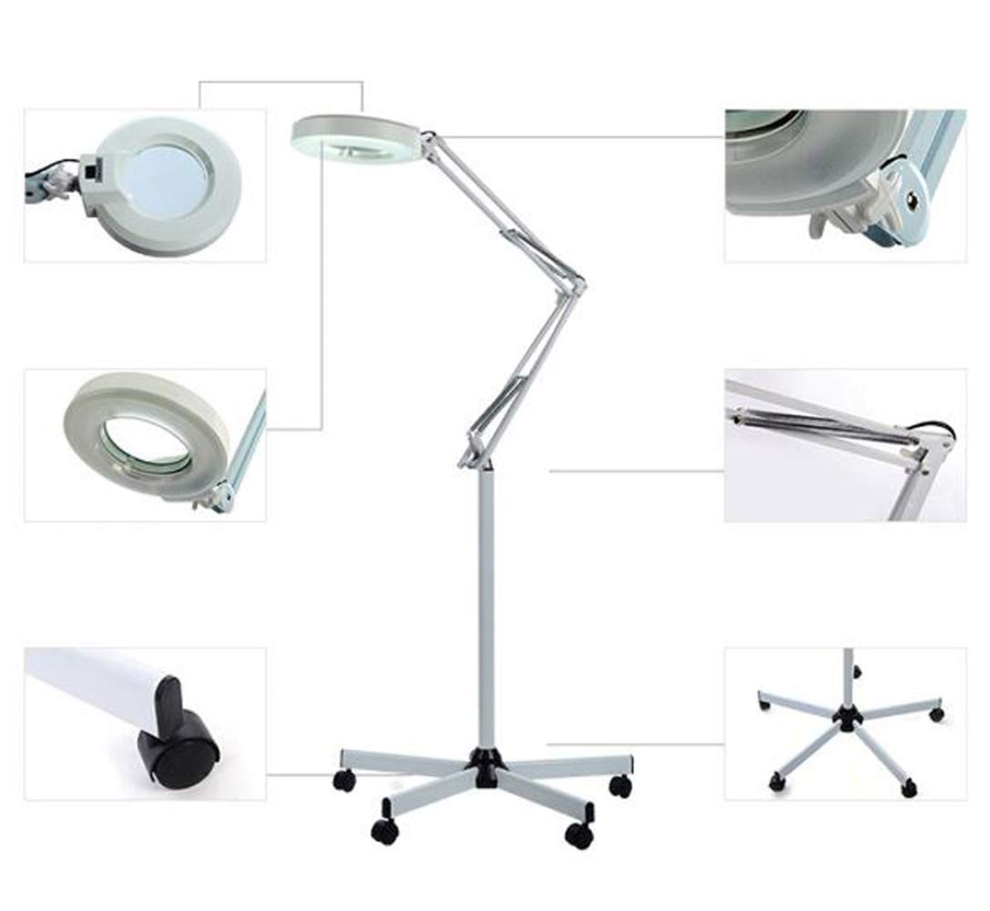 Lampada da terra con lente d'ingrandimento a LED 5X -Lente d'ingrandimento per lettura con braccio girevole regolabile con base girevole a 5 ruote Salon con collo d'oca - per attività professionali,