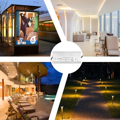 LED Driver 400W 24V Power Supply, IP67 Waterproof Low Voltage Transformer, AC 90-140V to DC 24V 16.6A Converter with 3-Prong Plug 3.3 Feet Cable for Outdoor LED Lights, Industrial, Computer