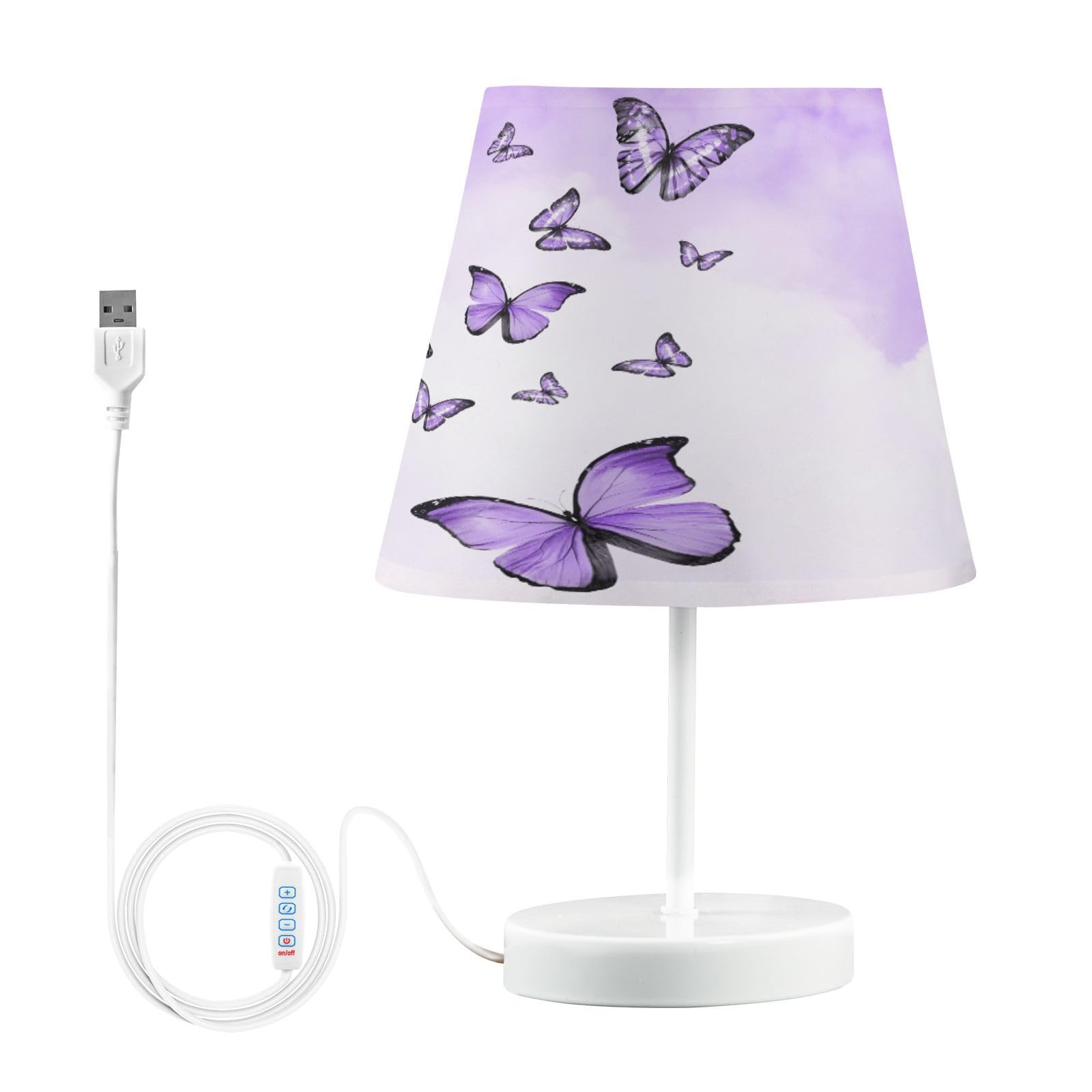Mnsruu Bedside Table Lamps with USB Ports, Purple Butterflies Nightstand Desk Lamps for Bedroom, Living Room, Office,M