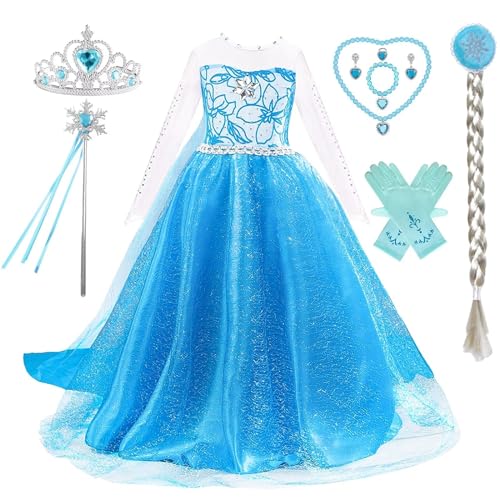 XFOZDM Disfraz de Elsa para niñas, disfraz de princesa con varita y corona, tiara, vestido de princesa para carnaval, fiesta de cumpleaños, Navidad, Halloween, cosplay, disfraz de 01,100 cm