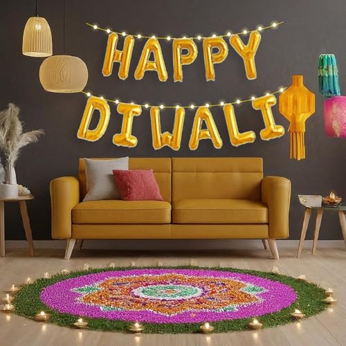 Image of AMFIN (Pack of 3) Happy Diwali Foil Balloon with LED Light - Gold