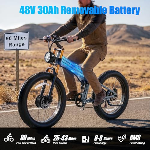 R5 PRO 5000W Peak AWD Dual Motor Electric Bike for Adults 48V 30Ah Battery Up to 90 Miles Long Range 40MPH Mountain E Bikes 26" Fat Tire Off-Road Full Suspension Electric Bicycle, Hydraulic Brakes — view 3