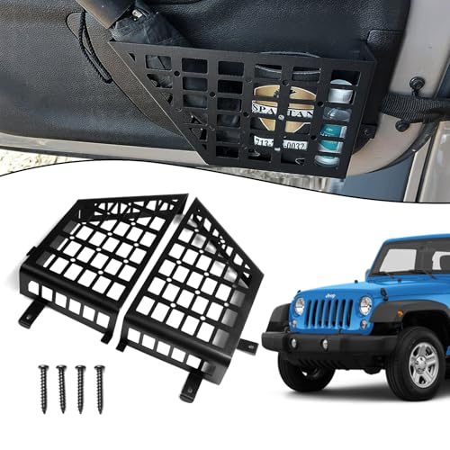 GZQIUYI 1 Pair Aluminum Front Door Storage Pockets for 2007-2018 Jeep Wrangler JK JKU - Black Organizer with Tool-Free Install, Anti-Rust Coating & Accessory Mount (Grid)