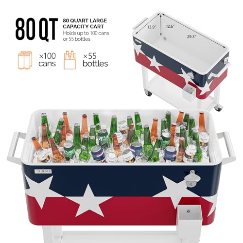 Image of VINGLI Rolling Ice Chest, Portable Patio Party Bar Drink Cooler Cart, with Shelf, Beverage Pool with Bottle Opener