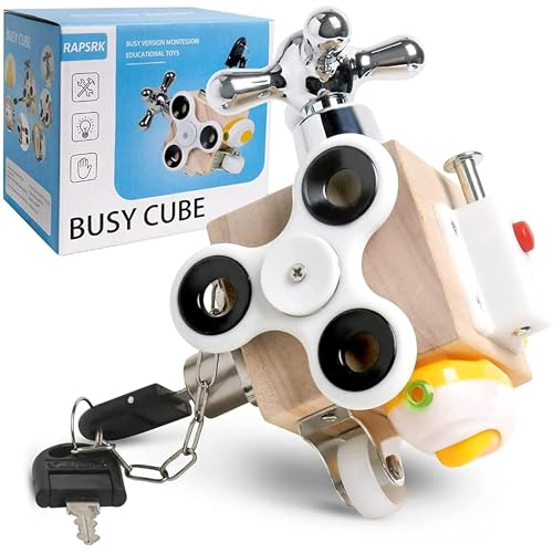 Image of 7-in-1 Montessori Busy Cube for Toddlers 1-3 Years | Wooden Sensory Activity Cube with Switches | Fine Motor Skill Toy | Early Learning Travel Toy (Busy Cube Big)