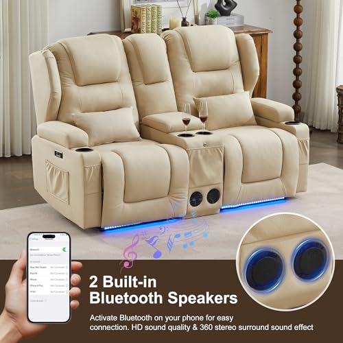 Image of DRMBOOK RV Power Loveseat Recliner Sofa, Leathaire Fabric Wall Hugger Reclining Sofa with Console, Home Theater Seating Chair with Cup Holder, 2 Person Couch RV Furniture for Living Room, Beige