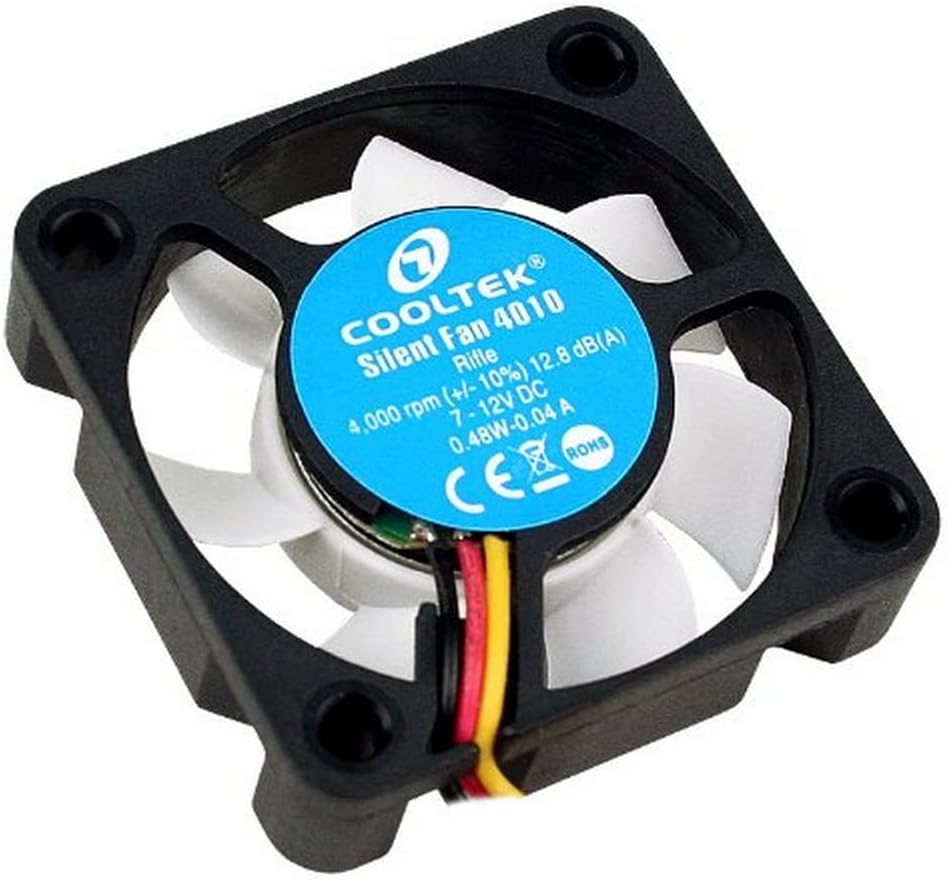 Cooltek200400225 Silent Fan 4010, 40 mm x 40 mm x 10 mm Fan, Rifle Bearing, 12.8 dBA, 4,000 rpm, 9.3 m³/h, 3-Pin Molex Connection, Black, White
