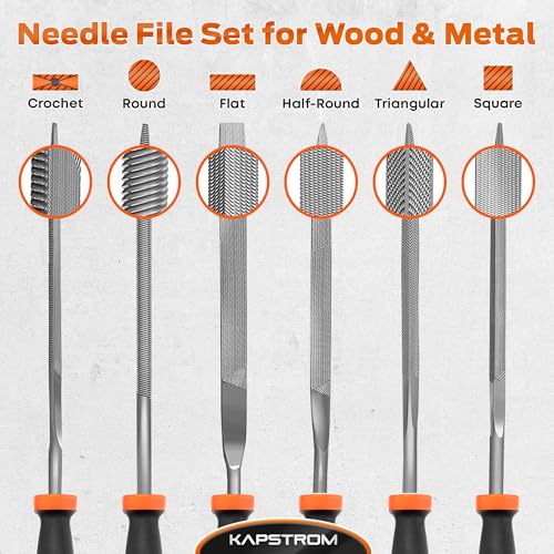 KapStrom 6-pc Needle File Set for Wood, Metal, Plastic & Jewelry, Includes Small Round, Half-Round, Square, Triangle, Flat & Flat Pointed Files, Handy Tools for Fine Finishing w/Ergonomic Handles