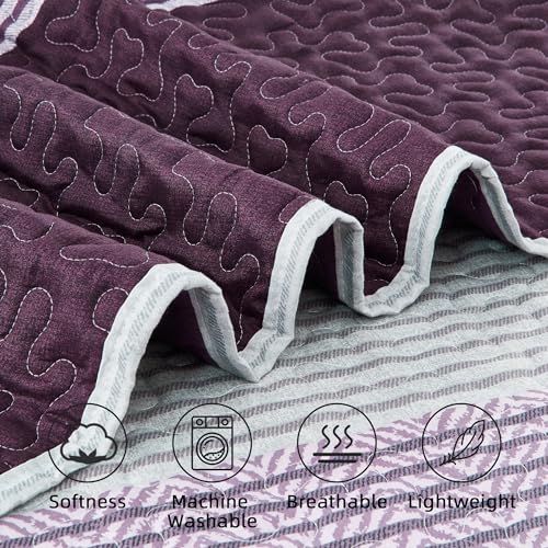 Image of Andency Striped Quilt Set King(106x96Inch), 3 Pieces (1 Purple Quilt and 2 Pillowcases) Purple and Grey Striped Bedspread Coverlet, Lightweight Soft Quilted Bedding Set