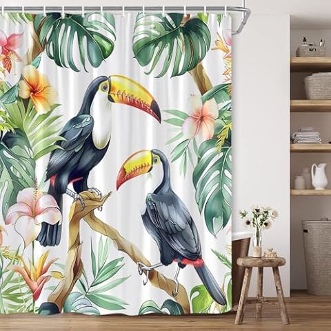 BCNEW Toucan Shower Curtain Green Jungle Tropical Bird Palm Leaf Exotic Wildlife Rainforests Animal Polyester Fabric Bathroom Decor 70×70 Inch with Hook Cover