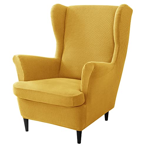 PENDEJATO Wing Chair Slipcovers, 2 Piece Stretch Wingback Chair Cover Soft Jacquard Armchair Covers with Elastic Bottom for Living Room Bedroom (Yellow)