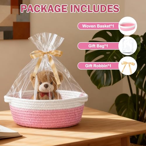 Image of Basket for Gifts Empty, Small Woven Basket with Bags and Ribbons, Baby Toy Baskets with Handles, Wicker Storage Bin for Baby Showers or Pet Toy (Pink, 1 Pack (12 inchx 8 inchx 3.74 inch))