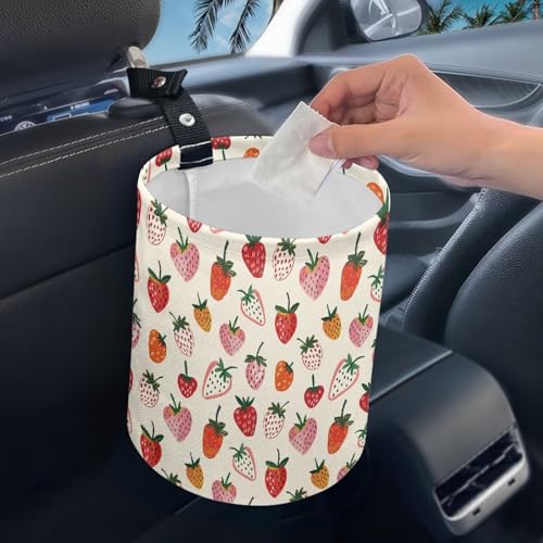Image of Cute Strawberry Car Trash Can for Front Seat, Back Seat, Floor, Headrest-Easy to Clean Car Garbage Interior Decoration